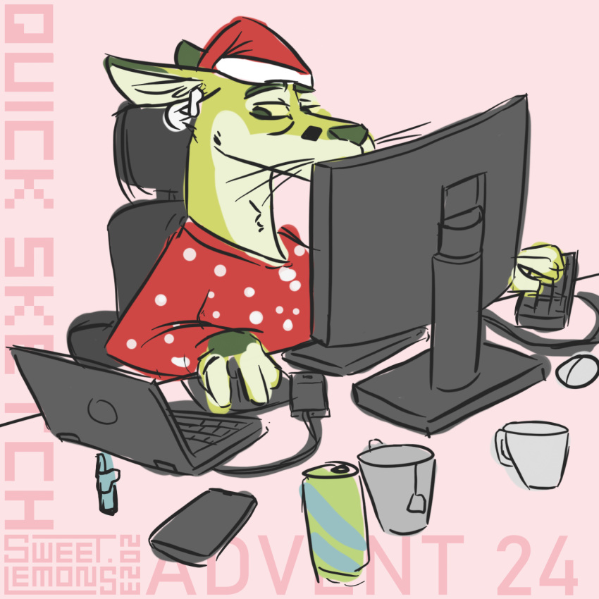 1:1 2023 anthro beverage cable christmas christmas_clothing christmas_decorations christmas_headwear clothed clothing coffee computer container cup dark_body dark_fur dark_nose digital_drawing_(artwork) digital_media_(artwork) digital_painting_(artwork) electronics energy_drink eyebrows festive fingers fur fur_markings green_body green_fur hat headgear headphones headwear hi_res holidays inner_ear_fluff keyboard laptop lemon_(sweet.lemons) light_body light_fur long_ears male mammal markings phone pink_background red_clothing red_topwear santa_hat shaded signature simple_background simple_coloring simple_eyes simple_shading sitting snout solo spots sweater sweet.lemons tan_body tan_fur tea topwear tuft whiskers working yellow_eyes