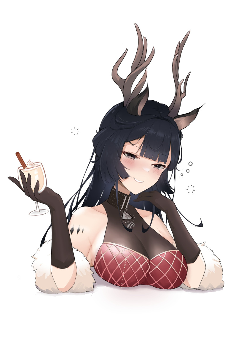 absurdres animal_ears antlers arknights black_gloves breasts cleavage deer_antlers deer_ears deer_girl double-parted_bangs drunk eggnog female gloves hand_on_own_chin highres horns large_breasts long_hair looking_at_viewer material_growth official_alternate_costume oripathy_lesion_(arknights) self-upload simple_background smile solo squeans tsukinogi_(arknights) tsukinogi_(dance)_(arknights) vathanyan white_background