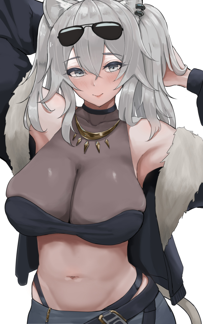 absurdres animal_ear_piercing animal_ears armpits bare_shoulders blush breasts cleavage collarbone ear_piercing female fur-trimmed_jacket fur_trim green_eyes grey_eyes grey_hair hair_between_eyes highres hololive jacket jewelry large_breasts lion_ears lion_girl lion_tail long_hair looking_at_viewer midriff navel necklace piercing see-through see-through_cleavage shishiro_botan shishiro_botan_(1st_costume) simple_background skirt solo stomach tail tomj twintails virtual_youtuber white_background