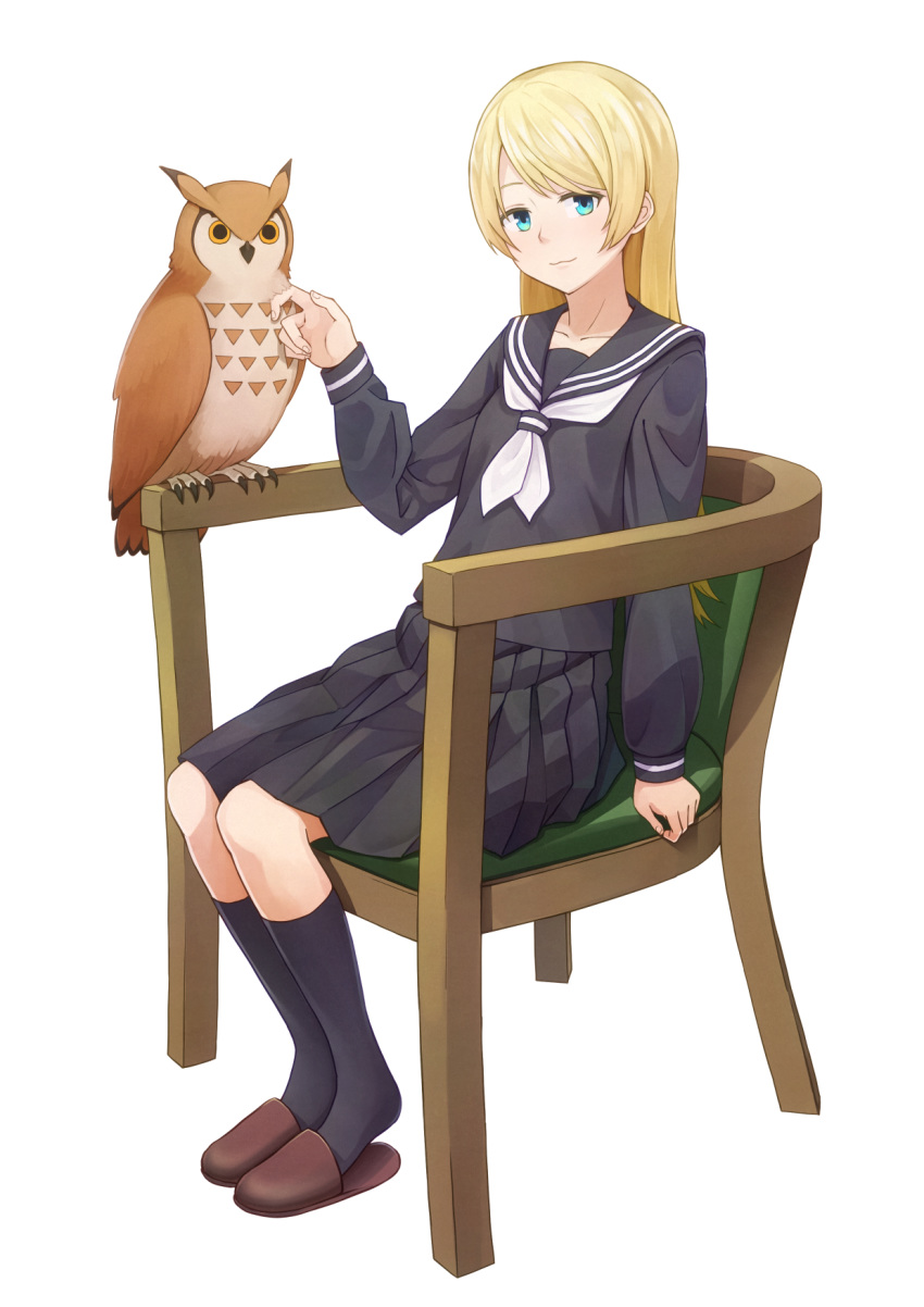 :3 animal aurore_(flying_witch) bird black_serafuku black_shirt black_socks blonde_hair blouse blue_eyes chair collarbone dararito familiar female flying_witch full_body highres light_smile long_hair looking_at_viewer medium_skirt neckerchief owl pleated_skirt sailor_collar school_uniform serafuku shiina_anzu_(flying_witch) shirt simple_background sitting skirt slippers smile socks solo swept_bangs white_background white_neckerchief