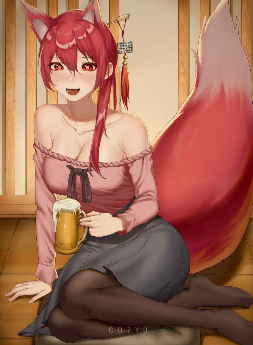 :d absurdres alcohol animal_ears arm_support artist_name azur_lane beer beer_mug blush breasts bright_pupils brown_legwear cleavage cozyu cup cushion drunk extra_ears female fingernails fox_ears grey_skirt hair_between_eyes hair_ornament hair_stick highres holding holding_cup ise_(azur_lane) large_breasts large_tail long_hair long_sleeves looking_at_viewer miniskirt mug no_shoes off-shoulder_shirt off_shoulder open_mouth pantyhose pink_shirt red_eyes red_hair shirt sitting skirt smile solo tail tassel white_pupils yokozuwari zabuton