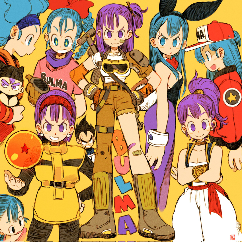 2boys 6+girls afro andrewcockroach animal_ears annoyed asymmetrical_pants baby bandaid bandaid_on_cheek bandaid_on_face bandaid_on_knee bandaid_on_leg baseball_cap black_hair black_leotard blue_hair blue_hairband boots bow bowtie bracer breasts bulma_briefs character_name cleavage closed_mouth collarbone commentary crossed_arms dragon_ball dragon_ball_(classic) dragon_ball_(object) dragon_ball_z dragon_radar earrings english_commentary fake_animal_ears fake_tail goggles goggles_around_neck hairband hairbow hands_on_own_hips happy hat highres holding jacket jewelry leotard looking_at_viewer mother_and_son multiple_boys multiple_girls multiple_persona open_mouth pantyhose pink_shirt playboy_bunny ponytail purple_hair rabbit_ears rabbit_tail red_bow red_bowtie red_hairband red_jacket saiyan_armor shirt sideboob smile sparkling_eyes standing star_(symbol) strapless strapless_leotard tail trunks_(dragon_ball) vegeta wrist_cuffs yellow_background