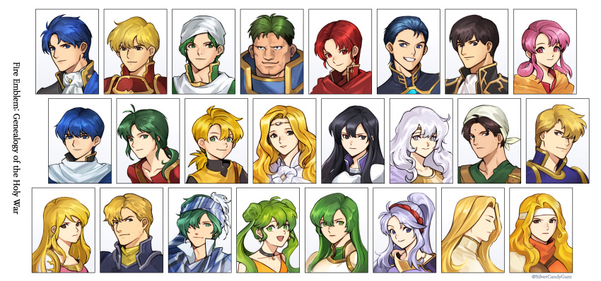 6+boys 6+girls :d absurdres alec_(fire_emblem) arden_(fire_emblem) armor artist_name ayra_(fire_emblem) azelle_(fire_emblem) bandana beowolf_(fire_emblem) black_choker black_eyes black_hair blonde_hair blue_eyes blue_hair breastplate brigid_(fire_emblem) cape choker chulainn_(fire_emblem) circlet claud_(fire_emblem:_genealogy_of_the_holy_war) closed_eyes commentary deirdre_(fire_emblem) dew_(fire_emblem) double_bun dress edain_(fire_emblem) erinys_(fire_emblem) ethlyn_(fire_emblem) finn_(fire_emblem) fire_emblem fire_emblem:_genealogy_of_the_holy_war from_side green_eyes green_hair green_shirt grey_eyes grin hair_bun hair_over_one_eye head_scarf headband high_collar highres husband_and_wife jamke_(fire_emblem) korean_commentary lachesis_(fire_emblem) lewyn_(fire_emblem) lex_(fire_emblem) long_hair low_ponytail midir_(fire_emblem) multiple_boys multiple_girls naoise_(fire_emblem) open_mouth orange_dress parted_lips pauldrons pink_eyes pink_hair ponytail portrait profile quan_(fire_emblem) red_cape red_eyes red_hair red_shirt scarf shirt short_hair shoulder_armor sidelocks sigurd_(fire_emblem) silvercandy_gum silvia_(fire_emblem) smile tailtiu_(fire_emblem) twintails twitter_username white_background white_cape white_dress white_hair white_headwear white_scarf yellow_cape yellow_shirt