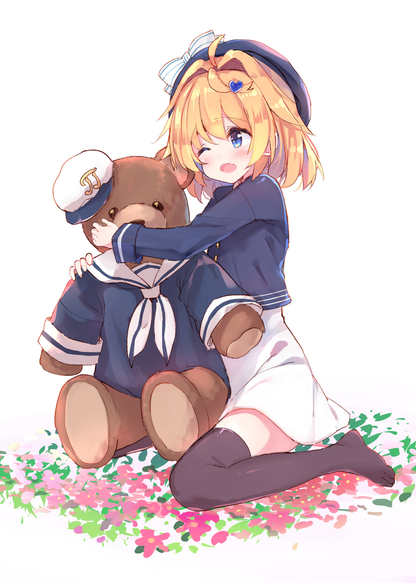 absurdres ahoge black_thighhighs blonde_hair blue_eyes chishima_mako commentary_request eyebrows female hair_ornament hat heart heart_hair_ornament highres makiaato one_eye_closed open_mouth short_hair simple_background sitting solo soushisouai_lolita stuffed_animal stuffed_toy teddy_bear thighhighs white_background