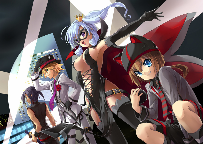 3boys black_thighhighs blonde_hair blue_hair breasts commentary_request elbow_gloves female formal gloves henriette_mystere kazuki_sanbi large_breasts multiple_boys necktie rat_(milky_holmes) stone_river suit sword tantei_opera_milky_holmes thighhighs twenty_(milky_holmes) weapon