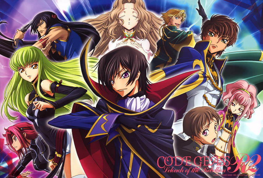 4girls 5boys absurdres anya_alstreim ashford_academy_school_uniform black_hair blonde_hair blue_eyes brown_hair c.c. closed_eyes code_geass gino_weinberg green_eyes green_hair highres kimura_takahiro knights_of_the_round_uniform kouzuki_kallen lelouch_vi_britannia li_xingke long_hair multiple_boys multiple_girls nunnally_vi_britannia official_art order_of_the_black_knights_uniform pink_hair purple_eyes red_hair rolo_lamperouge scan school_uniform short_hair