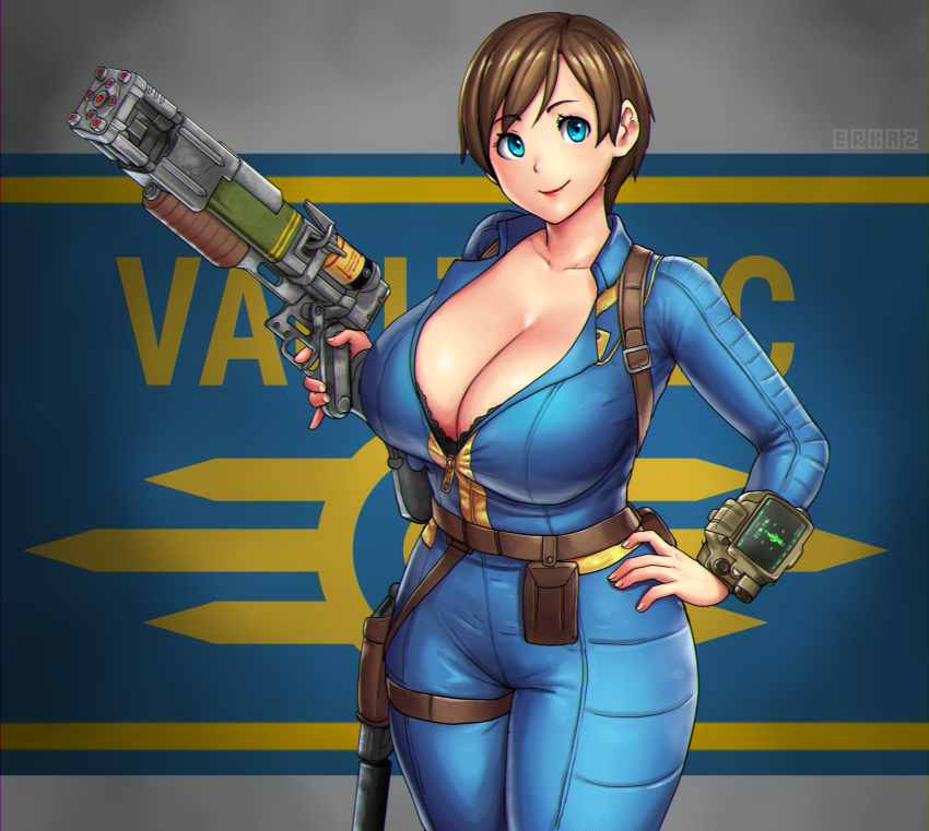 banner belt belt_pouch black_bra blue_bodysuit blue_eyes bodysuit bra breasts brown_belt brown_hair cleavage closed_mouth commentary cowboy_shot curvy english_commentary erkaz fallout_(series) female gun hand_on_own_hip highres holding holding_gun holding_weapon large_breasts looking_to_the_side open_bodysuit open_clothes original pip_boy pouch short_hair skin_tight smile sole_survivor_(female) solo strap thigh_strap tight_clothes underwear vault_suit weapon zipper zipper_pull_tab