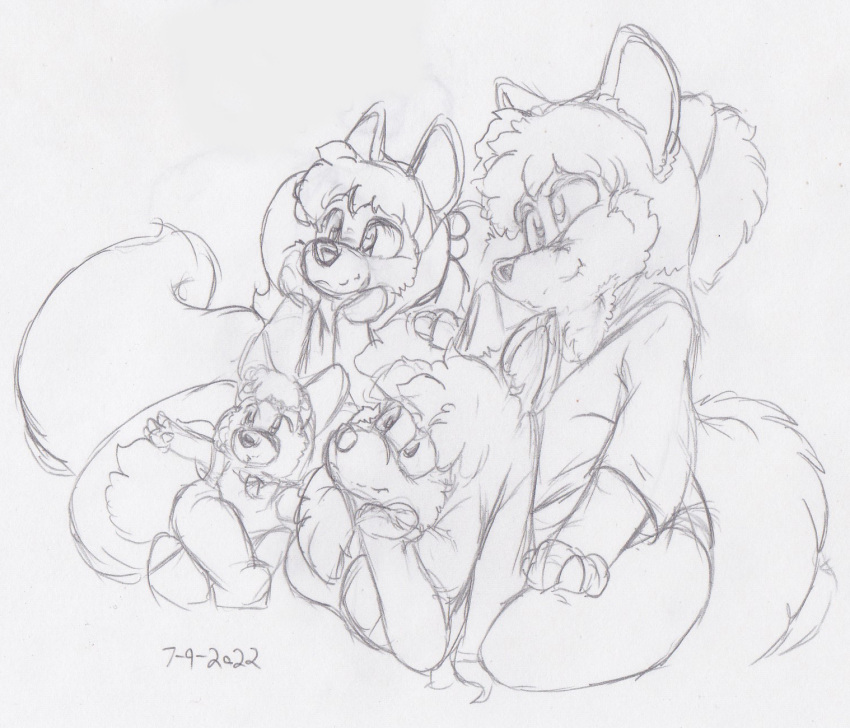 2022 age_difference anthro canid canine celicia_(kitsune_youkai) clothed clothing family female firecat fox group hair hi_res julian_(kitsune_youkai) kit_(kitsune_youkai) kitsune_youkai male mammal monochrome older_female older_male red_fox tail true_fox younger_female younger_male