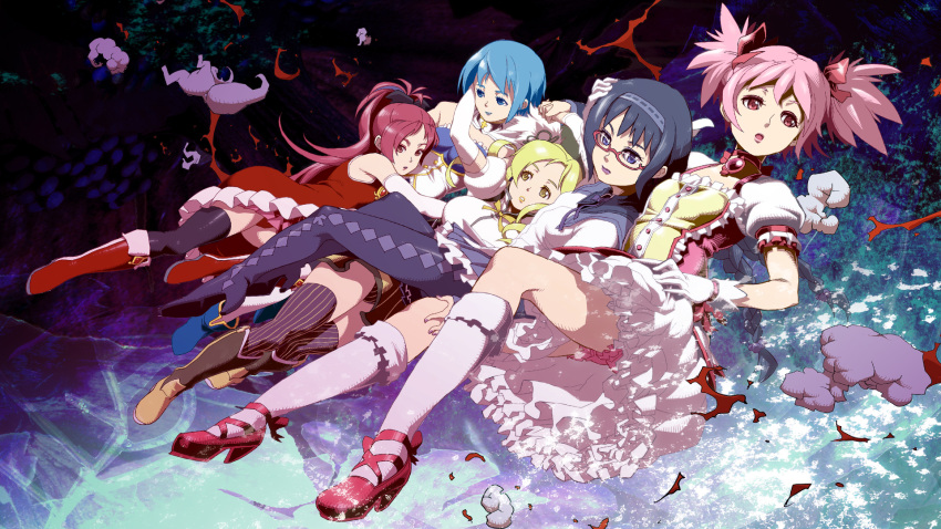 5girls akemi_homura akemi_homura_(magical_girl) blonde_hair blue_hair blue_lips cloud commentary_request daromeon glasses highres kaname_madoka kaname_madoka_(magical_girl) lipstick long_hair looking_back mahou_shoujo_madoka_magica mahou_shoujo_madoka_magica_(anime) makeup miki_sayaka miki_sayaka_(magical_girl) multiple_girls pink_hair ponytail purple_lips red-framed_eyewear red_hair sakura_kyoko sakura_kyoko_(magical_girl) short_hair thighhighs tomoe_mami tomoe_mami_(magical_girl) twintails