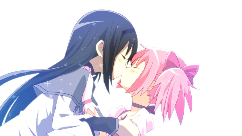 2girls akemi_homura akemi_homura_(magical_girl) black_hair blush bow choker closed_eyes commentary_request couple flat_chest gloves hair_ornament hairband hairbow hand_on_shoulder highres holding_another's_arm kaname_madoka kaname_madoka_(magical_girl) kissing leaning_back leaning_forward long_hair magical_girl mahou_shoujo_madoka_magica mahou_shoujo_madoka_magica_(anime) multiple_girls pink_hair profile puffy_sleeves ribbon ribbon_choker shiihaku short_hair short_twintails simple_background soul_gem sparkle twintails upper_body white_background white_gloves yuri