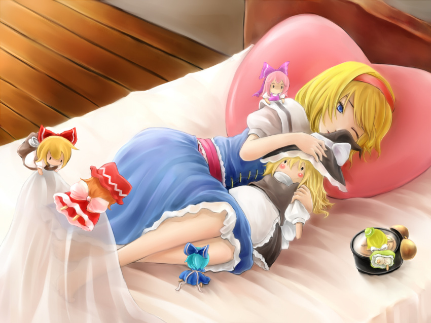 alarm_clock alice_margatroid bed bed_sheet blonde_hair blue_eyes character_doll clock commentary_request doll female ginto highres kirisame_marisa lying on_side one_eye_closed pillow solo touhou