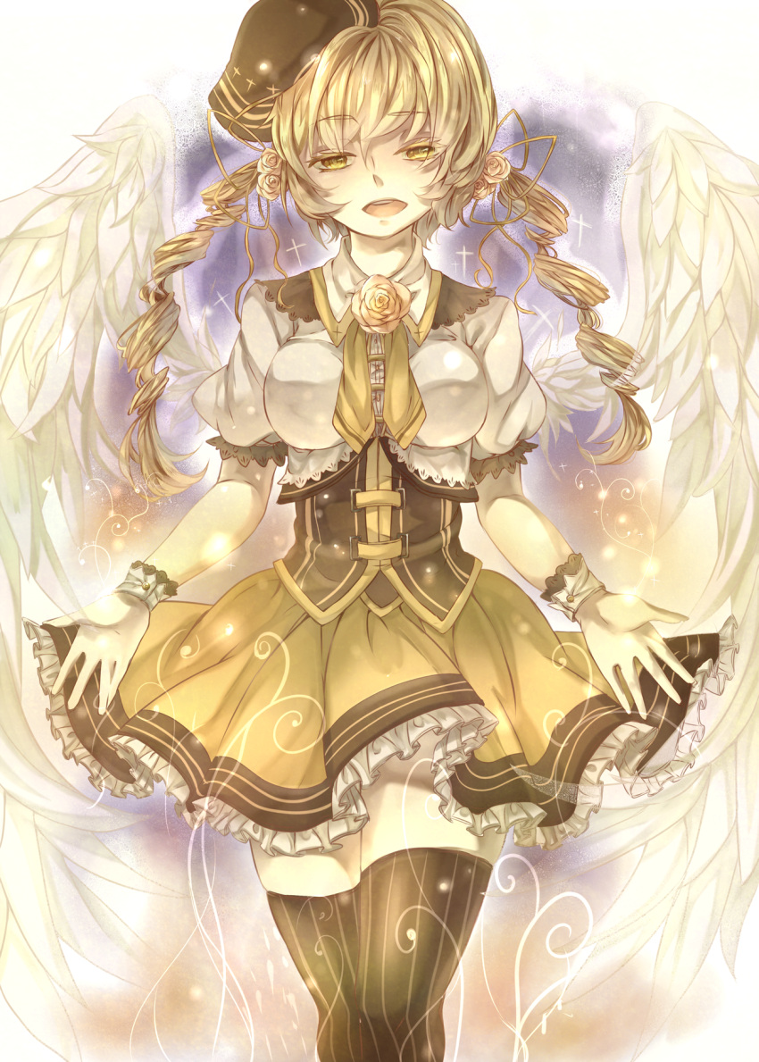 angel_wings ayuki bad_id bad_pixiv_id blonde_hair drill_hair female flower gloves hair_ornament hat highres long_hair magical_girl mahou_shoujo_madoka_magica mahou_shoujo_madoka_magica_(anime) skirt solo thighhighs tomoe_mami tomoe_mami_(magical_girl) twin_drills twintails wings yellow_eyes