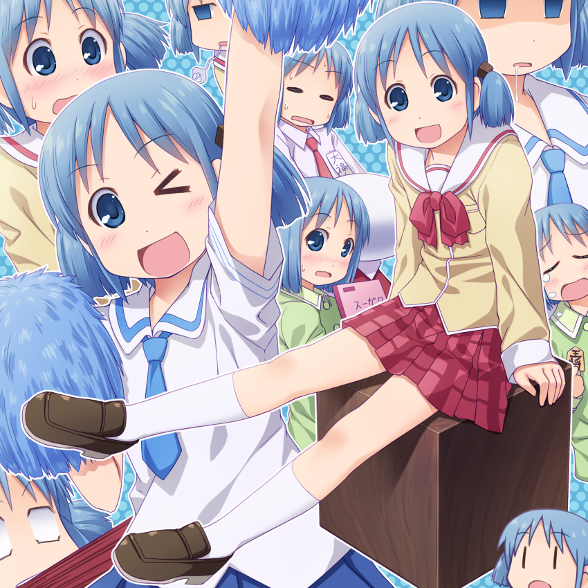 arm_up blue_eyes blue_hair blush board_game commentary_request cube_hair_ornament empty_eyes female hair_down hair_ornament highres hitodama naganohara_mio necktie nichijou notebook one_eye_closed open_mouth pajamas photoshop_(medium) pom_pom_(cheerleading) saliva sayousuke school_uniform serafuku shoes shogi short_hair short_twintails sitting skirt socks sweat tears tokisadame_school_uniform twintails wavy_mouth