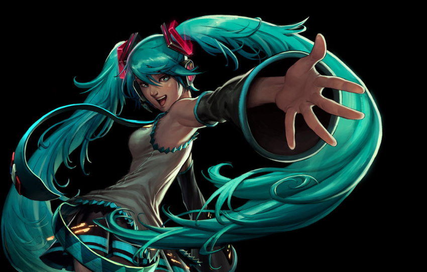 alvin_lee armpits colored detached_sleeves face foreshortening hands hatsune_miku headphones headset long_hair looking_back necktie open_mouth outstretched_arm simple_background skirt solo twintails very_long_hair vocaloid