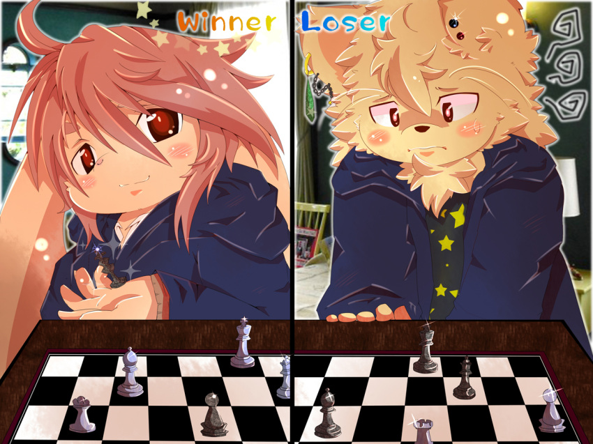 ambiguous_gender anthro canid canine canis checkerboard_(object) chess domestic_dog duo ear_piercing gaming kemono lagomorph leporid mammal piercing rabbit red_eyes tsurugi young young_ambiguous young_anthro