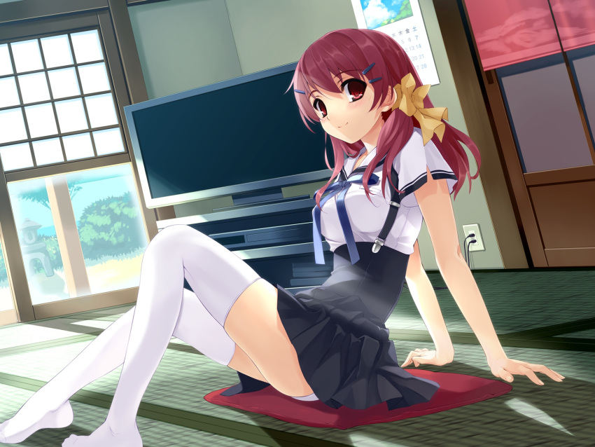 ashita_no_kimi_to_au_tame_ni female hair_ornament hair_ribbon hairclip highres leaning_back legs long_hair long_legs looking_at_viewer misaki_kurehito panties pillow pleated_skirt red_eyes red_hair ribbon school_uniform sitting skirt smile solo television thighhighs tree underwear wakamiya_asuka white_panties white_thighhighs