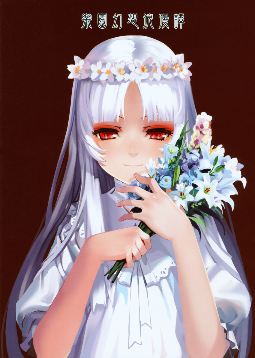 absurdres albino alphonse_(white_datura) bangs bouquet bust dress el elysion female flower head_wreath highres light_smile long_hair parted_bangs puffy_sleeves red_eyes scan simple_background solo sound_horizon translation_request upper_body white_dress white_hair