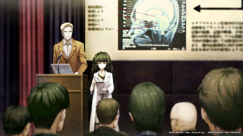 2015 6+boys alexis_leskinen arrow_(symbol) bald black_hair blonde_hair blurry brown_jacket collarbone collared_shirt crowd female formal game_cg glasses green_hair highres hiyajou_maho huke jacket lab_coat lectern lecture long_hair long_sleeves multiple_boys official_art open_clothes pen shirt short_hair standing steins;gate steins;gate_0 suit white_shirt yellow_eyes