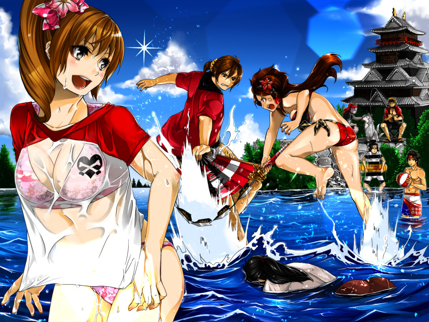 5boys anger_vein angry ball barefoot beachball bikini black_hair blonde_hair breasts brown_eyes brown_hair cleavage cloud clouds earrings fan feet female flower fuuma_kotarou hair_ornament headband hojo_ujiyasu inahime ishida_mitsunari japanese_clothes jewelry kaihime kimono kunoichi_(sengoku_musou) long_hair male midriff multiple_boys multiple_girls open_mouth pixiv_manga_sample ponytail purple_skin red_hair ribbon sakichi6891 sanada_yukimura sanada_yukimura_(sengoku_musou) see-through sengoku_musou sengoku_musou_2 sengoku_musou_3 shirt short_hair sitting sky swim_trunks swimsuit sword water weapon wet wet_clothes wet_shirt wolf