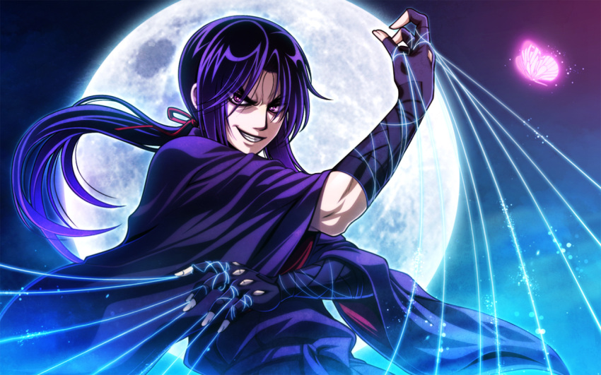 1boy basilisk_(manga) black_hair bug butterfly byuune commentary_request fingerless_gloves full_moon gloves glowing grin japanese_clothes male_focus moon night ninja photoshop_(medium) ponytail smile solo string wide_sleeves yashamaru