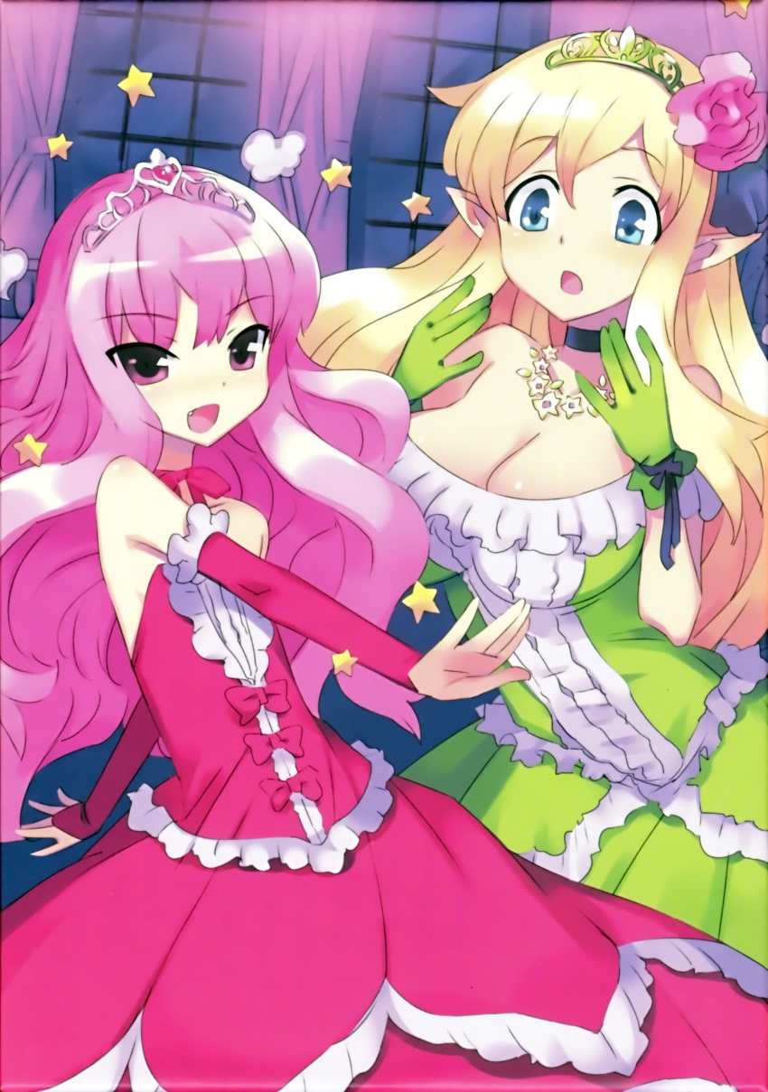 2girls absurdres blonde_hair blue_eyes breasts choker cleavage detached_sleeves dress elf flat_chest flower frills gloves green_eyes highres jewelry large_breasts long_hair louise_francoise_le_blanc_de_la_valliere multiple_girls necklace oerba_yun_fang official_art photoshop_(medium) pink_eyes pink_hair pointy_ears strapless strapless_dress tiara tiffania_westwood usatsuka_eiji zero_no_tsukaima