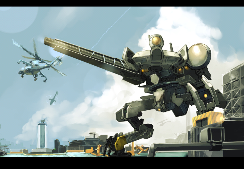 bigegg city cloud day helicopter letterboxed mecha metal_gear_(series) metal_gear_solid_peace_walker metal_gear_zeke mi-24 no_humans sky walker