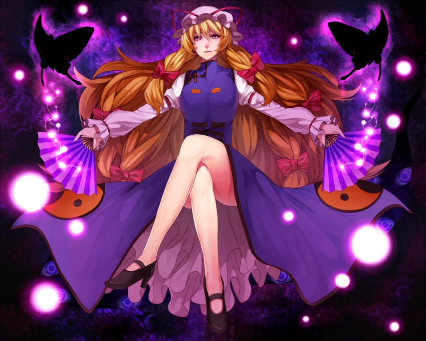 bad_id bad_pixiv_id blonde_hair bow breasts bug butterfly convenient_leg crossed_legs dress dual_wielding female folding_fan frills gap_(touhou) hairbow hand_fan hat high_heels holding holding_fan irohara_mitabi large_breasts legs long_hair purple_eyes ribbon shoes sitting smile solo thighs touhou yakumo_yukari yin_yang yin_yang_print