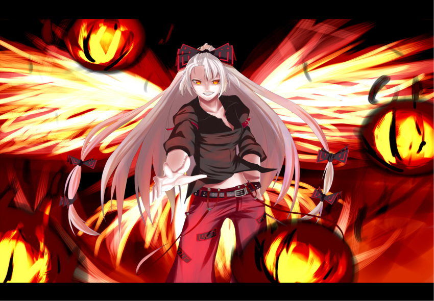 bird bow commentary_request dress_shirt female fiery_wings fire fujiwara_no_mokou grin hair_ribbon hairbow long_hair navel pants phoenix pyrokinesis red_eyes ribbon rion_(glayjirobass) shirt sleeves_rolled_up smile solo touhou very_long_hair white_hair wings