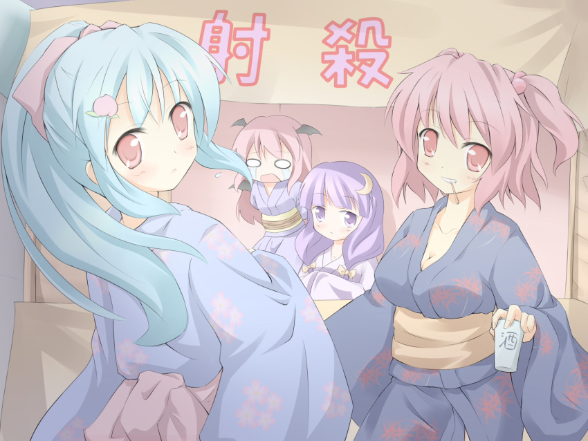 4girls bat_wings blue_hair blush bound bow breasts cleavage commentary_request crescent crescent_hair_ornament flower food fruit hair_bobbles hair_ornament hairbow head_wings highres hinanawi_tenshi japanese_clothes kimono koakuma long_hair looking_back medium_breasts mouth_hold multiple_girls no_headwear o_o obi onozuka_komachi open_mouth patchouli_knowledge peach pink_hair purple_eyes purple_hair red_eyes red_hair ribbon rope sash shino_megumi short_hair smile tears tied_up_(nonsexual) toothpick touhou two_side_up wings