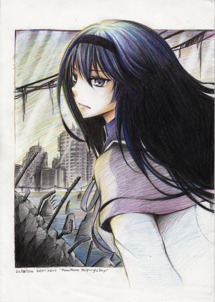 absurdres akemi_homura akemi_homura_(magical_girl) black_hair colored_pencil_(medium) commentary english_commentary female from_behind from_side hairband highres kaorihero long_hair looking_back mahou_shoujo_madoka_magica mahou_shoujo_madoka_magica_(anime) photoshop_(medium) purple_eyes ruins school_uniform solo traditional_media water