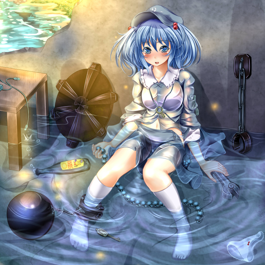 absurdres alcohol anal_beads ball_and_chain_restraint blue_eyes blue_hair blush bottle chained chains commentary_request cuffs feet female hair_bobbles hair_ornament hat highres hole kawashiro_nitori key kneehighs md5_mismatch midriff monikano open_clothes open_mouth open_skirt panties partially_submerged sake see-through sex_toy shackles shirt sitting skirt sleeves_rolled_up socks solo table tools touhou two_side_up underwear vibrator wall water wet wet_clothes white_panties white_socks wrench