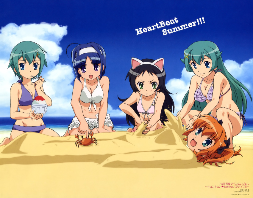 5girls absurdres ahoge animal_ears beach bikini black_hair blue_eyes blue_hair bow breasts brown_hair buried cleavage cloud crab day flat_chest food frilled_bikini frills front-tie_top green_eyes green_hair hairband hairbow hazuki_kurumi highres imageboard_desourced kaitou_tenshi_twin_angel kannazuki_aoi komatsubara_sei long_hair medium_breasts minazuki_haruka_(twin_angel) multiple_girls nine_violet non-web_source ocean official_art open_mouth outdoors purple_eyes scan shaved_ice short_hair side-tie_bikini_bottom sky swimsuit tesla_violet twin_angel twintails water