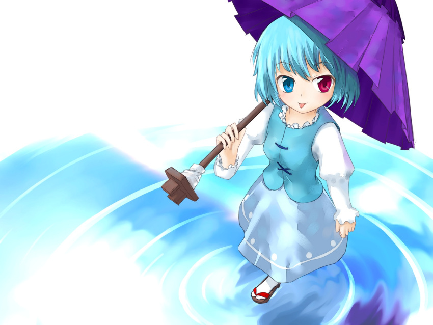 :p aomi_mayoru aqua_eyes aqua_hair bad_id bad_pixiv_id commentary_request female heterochromia highres karakasa_obake md5_mismatch purple_umbrella red_eyes solo tatara_kogasa tongue tongue_out touhou umbrella