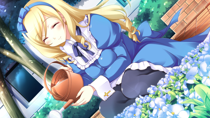 black_pantyhose blonde_hair bow closed_eyes curly_hair dress dutch_angle female flower frills game_cg hair_ribbon hairband highres hyper_highspeed_genius leaf long_hair pantyhose ribbon sakura_windsor solo squatting tree watering_can yukiwo