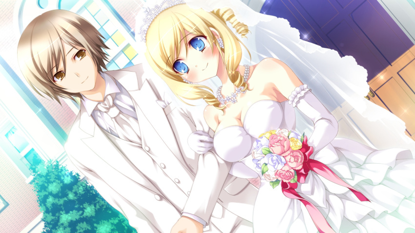 1boy blonde_hair blue_eyes bouquet breasts brown_eyes brown_hair couple curly_hair dress drill_hair dutch_angle female flower formal game_cg gloves highres hyper_highspeed_genius jewelry medium_breasts necklace necktie pink_flower pink_rose rose sakura_windsor short_hair sidelocks smile straight suit tiara veil wedding wedding_dress white_flower white_gloves white_rose yellow_flower yellow_rose yukiwo