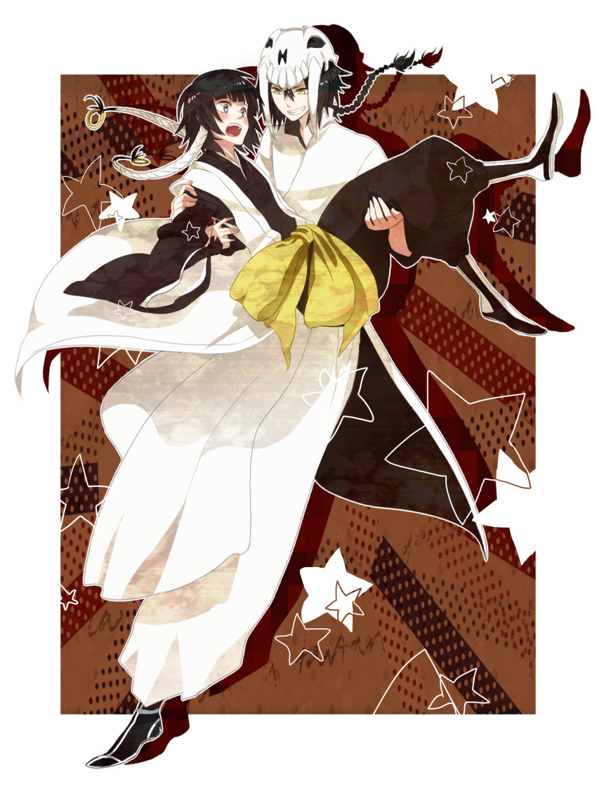 absurdres arrancar black_hair bleach blue_eyes braid braids fangs ggio_vega highres jio_vega li_sakura long_hair smile sui-feng yellow_eyes