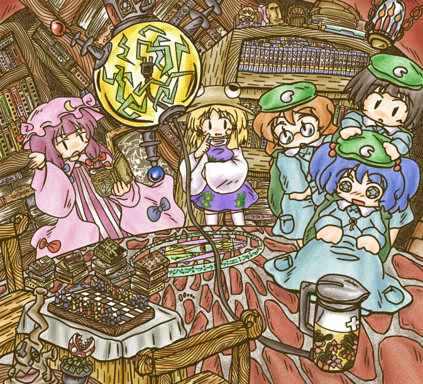 5girls book bookshelf chair chalkboard chessboard commentary_request crossover dark_haired_kappa extra glasses_kappa inu_sakuya_(nejikirio) izayoi_sakuya kappa_mob_(touhou) kawashiro_nitori machine magic magic_circle mario_(series) moai moriya_suwako multiple_girls patchouli_knowledge piranha_plant shanghai_doll touhou two_side_up water_boiler ys_(ytoskyoku-57)