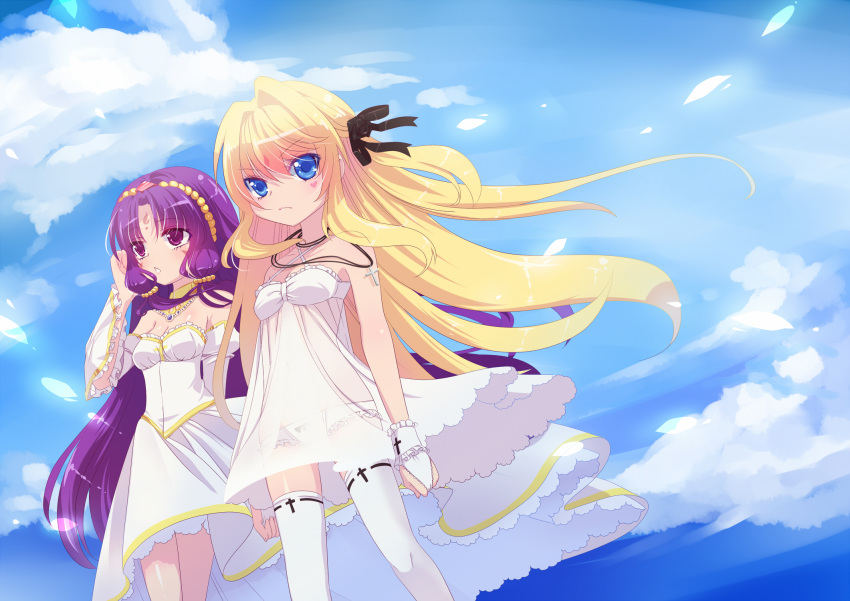 2girls blonde_hair blue_eyes bow chemise cloud commentary_request cross cross_necklace day delores_(mvv) detached_sleeves eleanor_(mvv) facial_mark forehead_mark gloves hairbow halterneck hand_in_own_hair heart heart_facial_mark highres jewelry long_hair multiple_girls mvv necklace original panties purple_eyes purple_hair see-through skirt sky thighhighs underwear very_long_hair white_legwear white_skirt wind