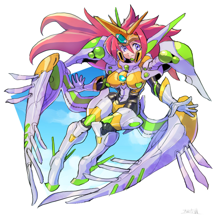 breasts cloud female floating_hair gloves hair_between_eyes highres large_breasts long_hair low_wings mecha mecha_musume mechanical_wings oomasa_teikoku open_hands purple_eyes red_hair robot sky smile solo super_robot_wars super_robot_wars_original_generation valsione_r white_gloves wings