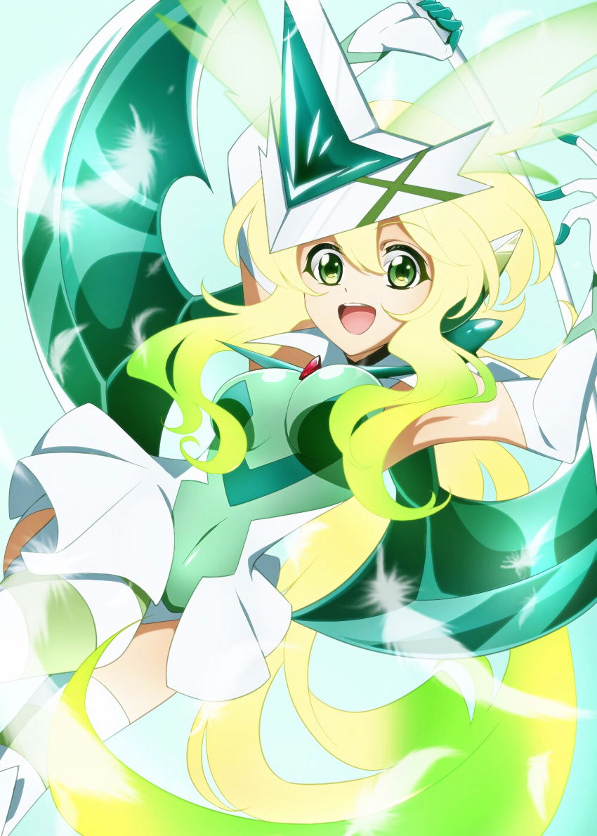 absurdres akatsuki_kirika blonde_hair blush breasts covered_navel elbow_gloves female gloves glowing glowing_hair gradient_hair green_eyes green_hair green_leotard highres kanaden leotard long_hair medium_breasts multicolored_hair open_mouth senki_zesshou_symphogear shiny_skin smile solo striped_clothes striped_thighhighs thighhighs x-drive_(symphogear)