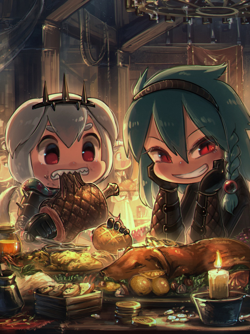 2girls animal_ears armor artist_name beads black_gloves boned_meat bork_(kannovaku) bracer braid bread candle cecile_(porforever) chameleon_girl chandelier chibi clenched_teeth coin commentary dog_ears dog_girl dog_tail eating english_commentary food food_on_face gloves green_hair grin hair_beads hair_between_eyes hair_ornament hairband highres indoors long_hair looking_at_viewer meat multiple_girls original porforever red_eyes rope sharp_teeth short_hair side_braid single_braid slit_pupils smile tail tavern teeth v-shaped_eyebrows white_hair