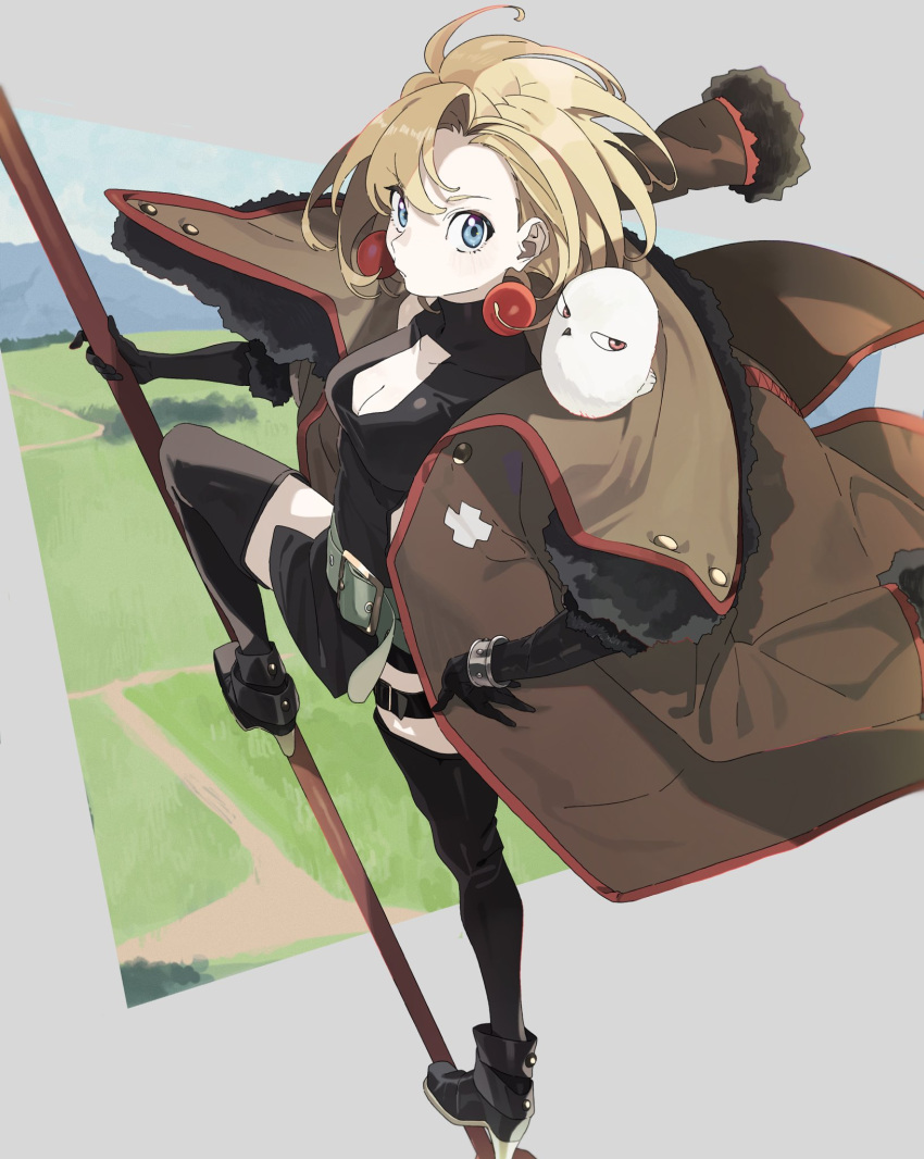 artemis_(junketsu_no_maria)_(bird) blonde_hair blue_eyes boots breasts broom broom_riding cleavage cleavage_cutout clothing_cutout coat elbow_gloves female fur_trim gloves highres junketsu_no_maria machi_(wm) maria_(junketsu_no_maria) medium_hair miniskirt skirt thighhighs trench_coat witch