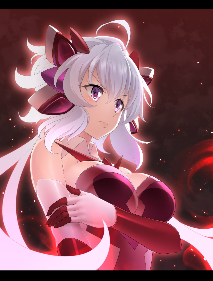 absurdres ahoge bare_shoulders breast_hold breasts collar commentary_request embers female frown gloves gradient_hair grey_hair headgear highres large_breasts letterboxed multicolored_hair nyanmaru purple_eyes senki_zesshou_symphogear solo x-drive_(symphogear) yukine_chris