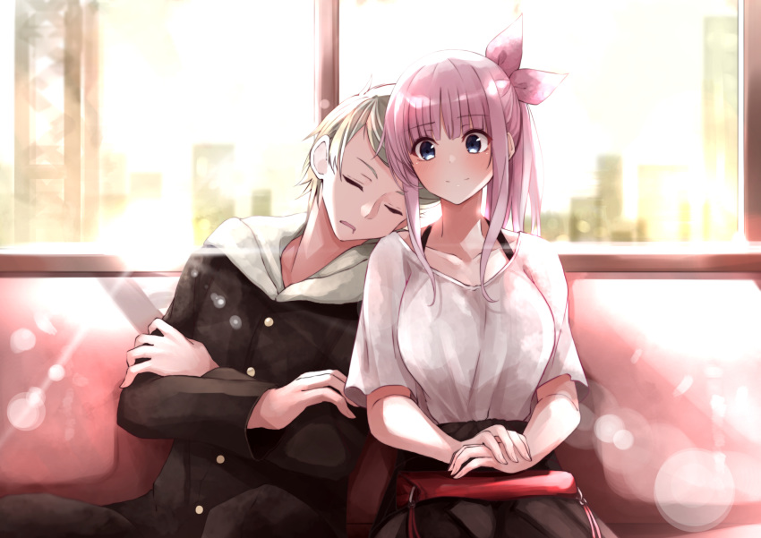 1boy bag black_skirt blue_eyes blurry blurry_background busujima_eiji closed_eyes crossed_arms day female fuu_(fuore) gakuran handbag highres lens_flare long_hair ootsuki_koto own_hands_together pink_hair school_uniform senryuu_shoujo shirt short_sleeves sitting skirt sleeping sleeping_upright train_interior white_shirt