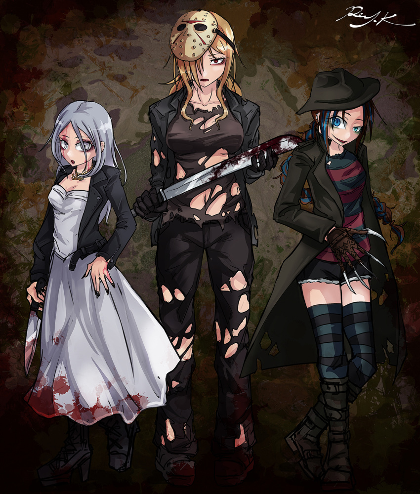 3girls :o a_nightmare_on_elm_street aqua_eyes aurelia_(dorei_to_no_seikatsu) bat_(animal) black_coat black_footwear black_gloves black_headwear black_jacket black_nails black_pants black_shirt blonde_hair blood blood_on_clothes blood_on_weapon blue_eyes blue_hair boots braid breasts brown_gloves brown_hair burn_scar child's_play claw_(weapon) cleavage coat commentary cosplay cutoffs dorei_to_no_seikatsu_~teaching_feeling~ earclip evil_smile freddy_krueger freddy_krueger_(cosplay) friday_the_13th full_body gloves grey_eyes grey_hair hair_over_one_eye heterochromia high_heel_boots high_heels highres hockey_mask holding holding_knife holding_sword holding_weapon jacket jason_voorhees jason_voorhees_(cosplay) jewelry knife long_hair long_skirt long_sleeves looking_at_viewer machete mask mask_on_head medium_breasts multicolored_hair multiple_girls necklace nephy_(dorei_to_no_seikatsu) open_clothes open_jacket pants photoshop_(medium) ray-k red_eyes scar shirt short_shorts shorts signature single_braid skirt small_breasts smile smirk streaked_hair striped_clothes striped_shirt striped_thighhighs sword sylvie_(dorei_to_no_seikatsu) thighhighs tiffany_(bride_of_chucky) tiffany_(bride_of_chucky)_(cosplay) torn_clothes torn_jacket torn_pants torn_shirt uneven_eyes weapon white_shirt white_skirt