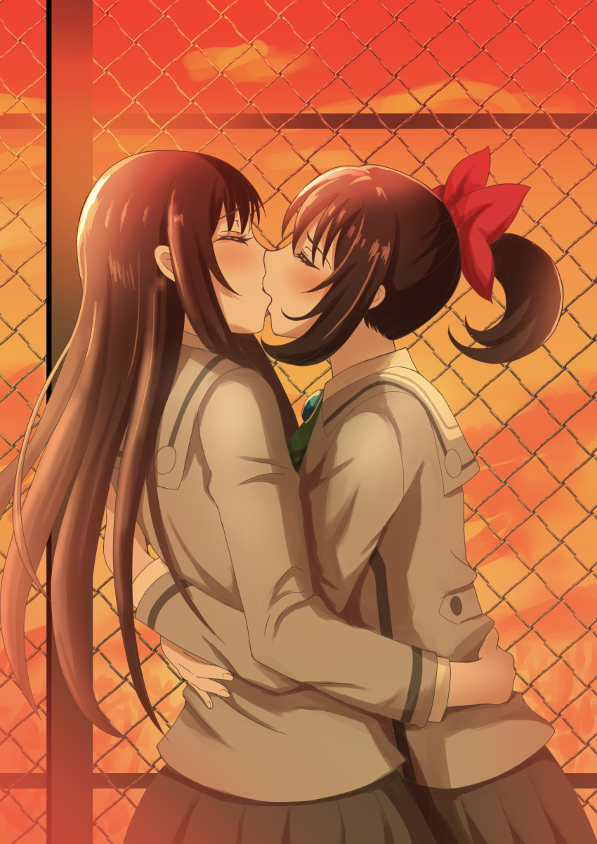 2girls akanesasu_shoujo black_hair blush bow brown_hair chain-link_fence closed_eyes cloud commentary couple fence hairbow highres hug kissing long_hair monta multiple_girls mutual_hug outdoors ponytail rooftop school_uniform skirt sky sunlight tounaka_yuu tsuchimiya_asuka twilight yuri