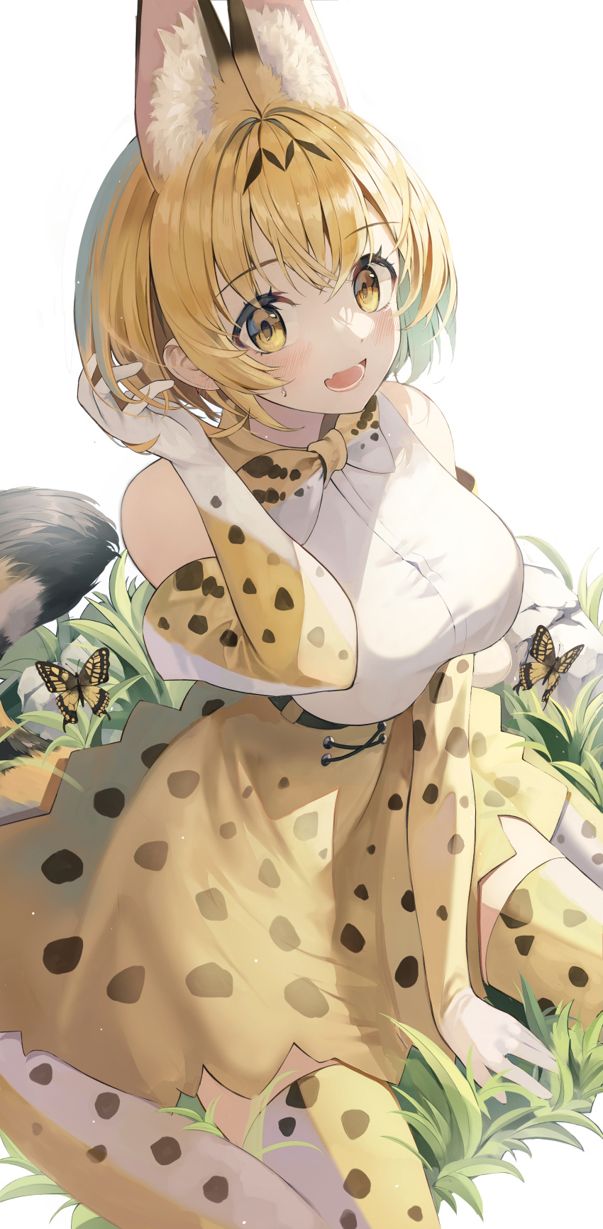 absurdres animal_ear_fluff animal_ears animal_ears_(norankkori) blonde_hair blush bow bowtie breasts brown_butterfly bug butterfly commentary elbow_gloves female gloves grass highres kemono_friends large_breasts looking_at_viewer oerba_yun_fang serval_(kemono_friends) serval_print shirt sitting skin_fang skirt sleeveless sleeveless_shirt solo swallowtail_butterfly sweatdrop tail thighhighs wariza yellow_gloves yellow_skirt yellow_thighhighs