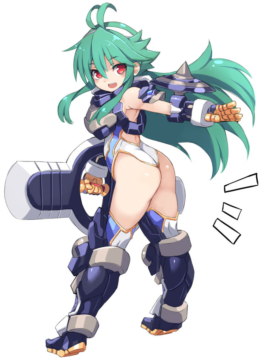 antenna_hair arm_shield armored_boots ass bare_shoulders blue_thighhighs boots commentary_request female full_body green_hair hair_between_eyes hairband highres holding karukan_(monjya) leotard long_hair looking_at_viewer looking_back outstretched_arm red_eyes shinrabanshou shizuku_(shinrabanshou) sidelocks simple_background solo spikes standing thighhighs very_long_hair white_background white_hairband white_leotard