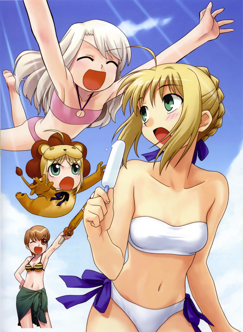 4girls absurdres ahoge artoria_pendragon_(fate) bandeau barefoot bikini collaboration fate/stay_night fate/tiger_colosseum fate_(series) flat_chest food fujimura_taiga glomp green_sarong highres higurashi_ryuuji hirai_yukio hug illyasviel_von_einzbern multiple_girls official_alternate_costume open_mouth photoshop_(medium) popsicle pouncing saber_(fate) saber_lion sarong shinai sunlight swimsuit sword weapon