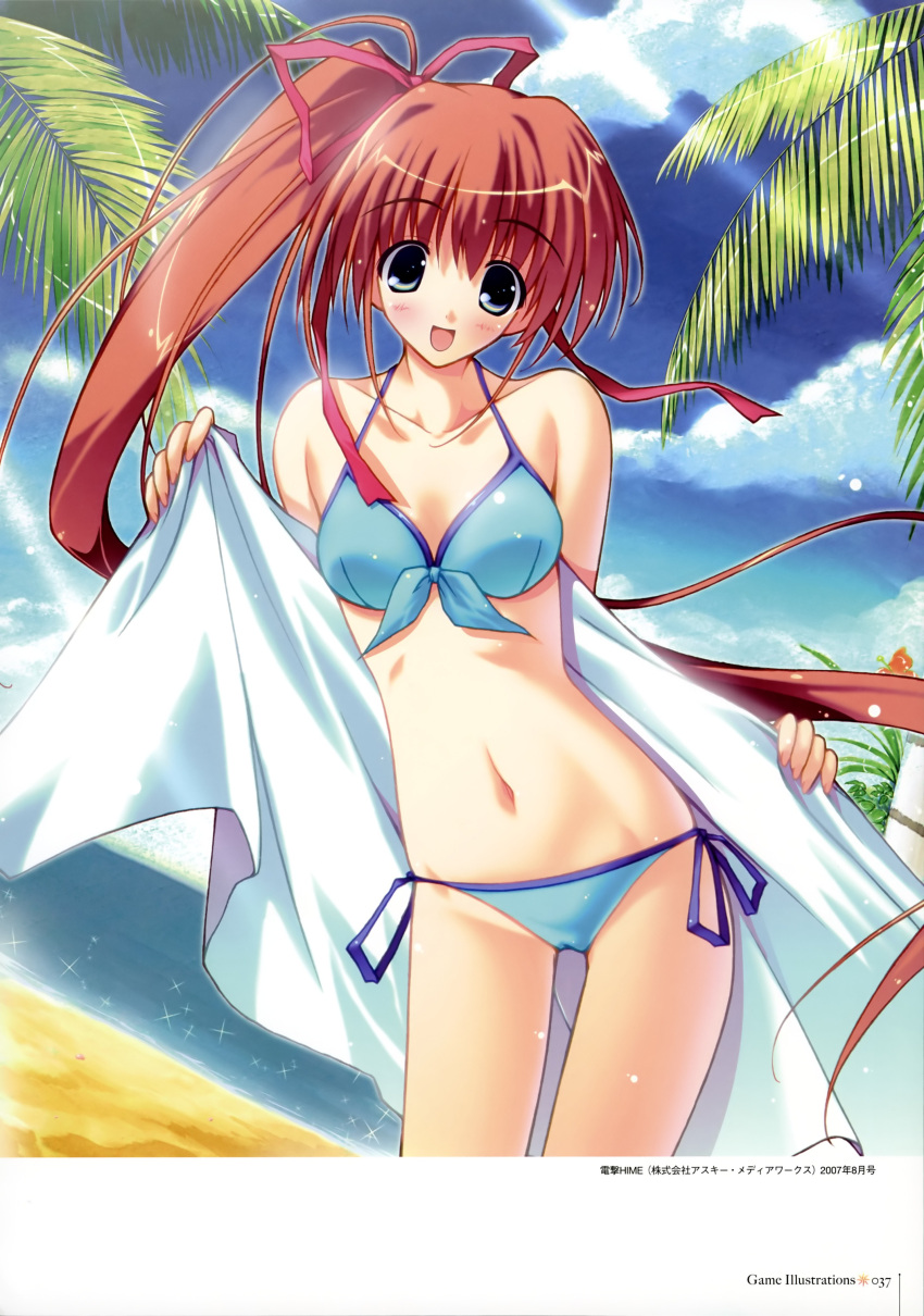 :d absurdres amane_sou aqua_eyes bikini blue_bikini blush brown_hair cameltoe dutch_angle female front-tie_top highres momose_mio open_mouth outdoors palm_tree pastel_(game) sand shiny_skin side-tie_bikini_bottom side_ponytail smile solo swimsuit towel tree